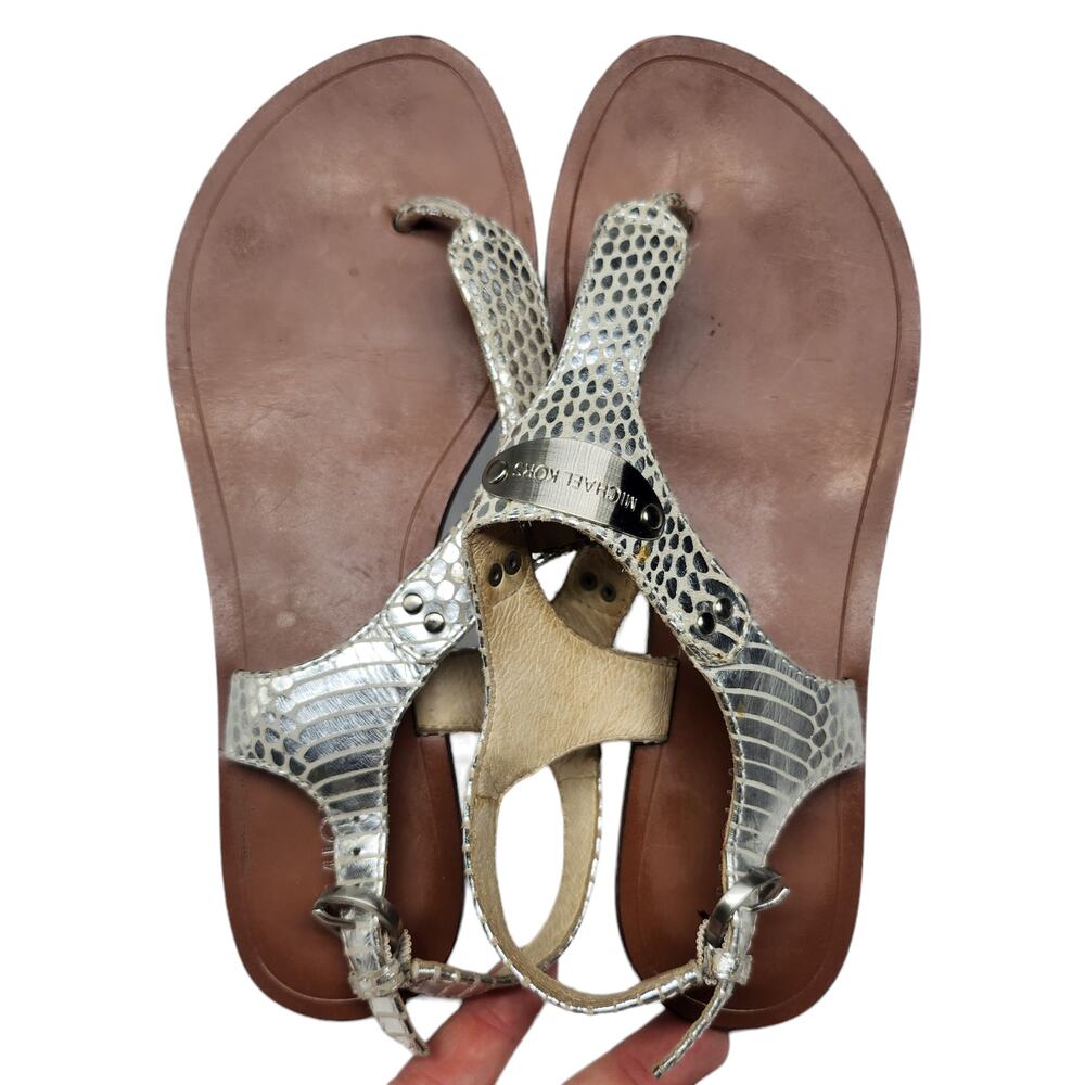 Michael Kors Shoes Womens 6 Silver Metallic Shiny Sandals Thong Ankle Strap - Picture 9 of 12